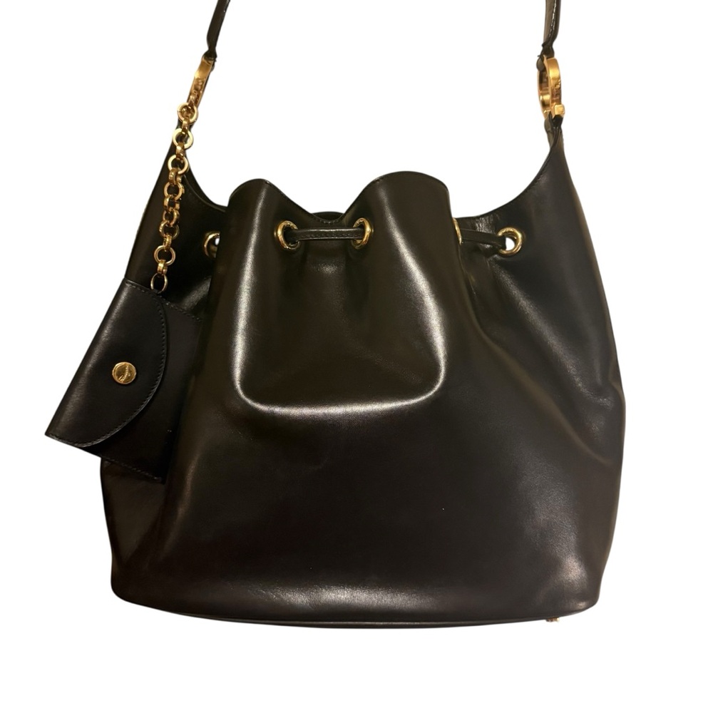 Salvatore Ferragamo Vintage Black Leather Shoulder Bucket Bag with Gold Accents